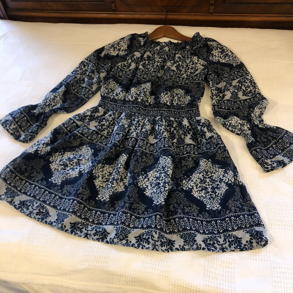Childrens Place Girl 10/12 Long Sleeve Woven Peasant Dress Ruched Lined Navy B83